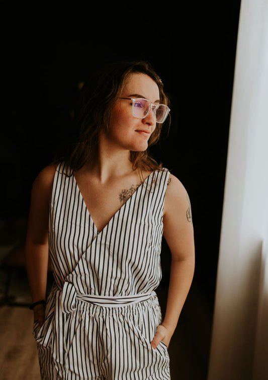 Striped belted romper